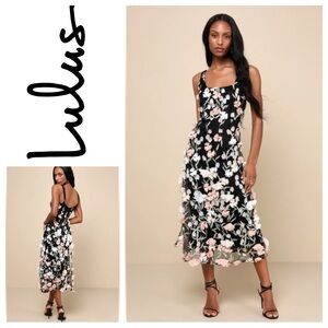 Lulu’s Elite Cutie Black Mesh 3D Floral Embroidered Midi Dress Sz: L